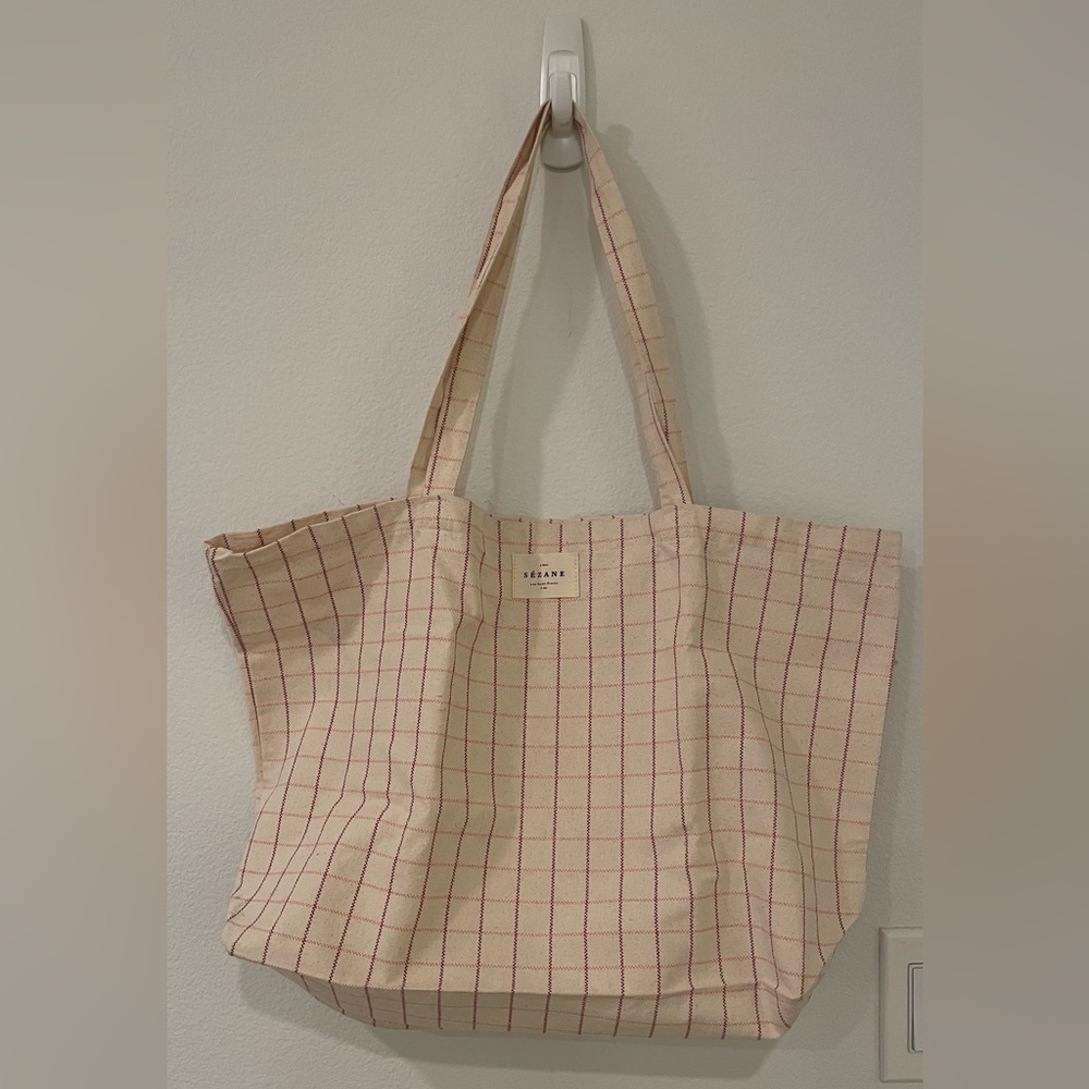 Sezane Cream And Red Checkered Tote Bag